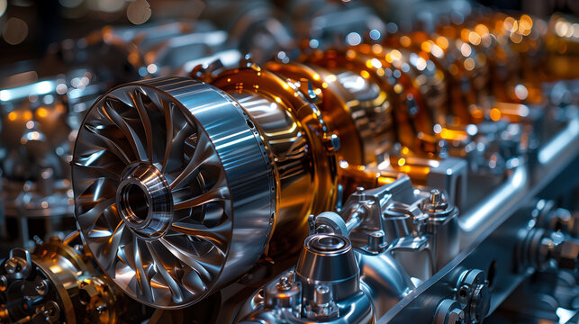 Internal combustion turbine engine displayed in industrial setting. Concept of aerospace engineering and advanced propulsion technology.