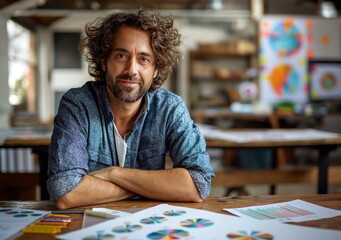 Fototapeta premium Attractive confident entrepreneur in his creative workspace, sitting at a table with graphs and diagrams on paper laying across it.