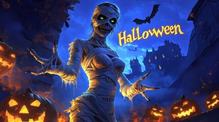 woman mummy for halloween. inscription "halloween"