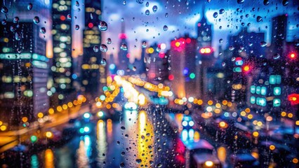 Fototapeta premium Rainy night cityscape with blurred lights, city, urban, rain, weather, night, lights, bokeh, buildings, street, wet