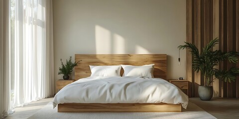Minimalist Bedroom Interior Design with Wooden Bed Frame and White Bedding - 3D Illustration