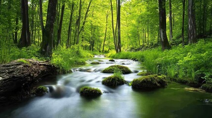 Obraz premium A serene forest scene featuring a flowing stream, lush greenery, and moss-covered rocks.