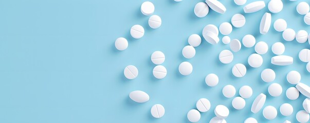 White Pills Scattered on a Light Blue Background