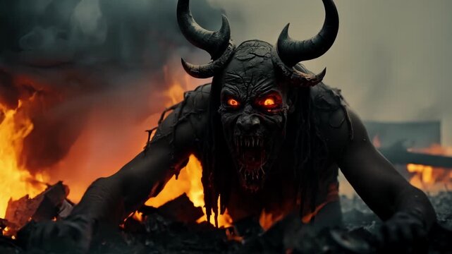 Scary demon is crawling out of a fire pit with glowing eyes and smoke. The demon is wearing a scary mask for halloween
