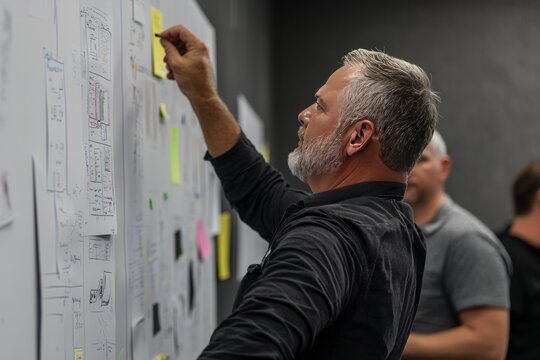 A client briefing session where the agency presents initial design concepts and project goals using large presentation