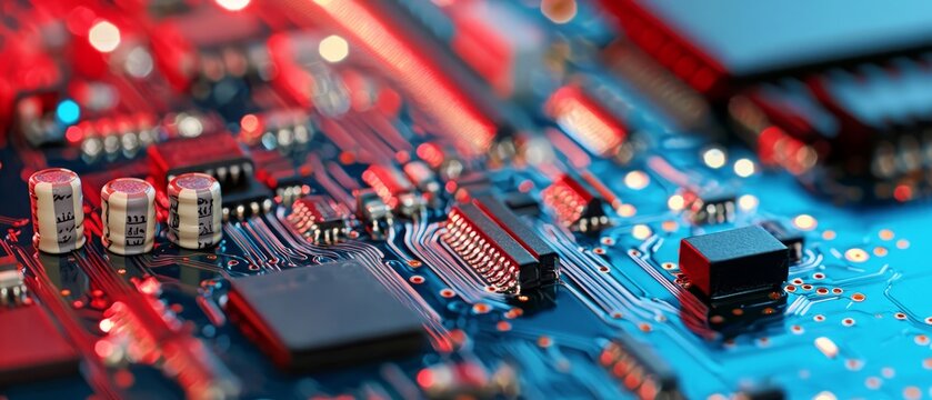Circuitry layout with multiple wires and electronic elements, background, Generative AI 