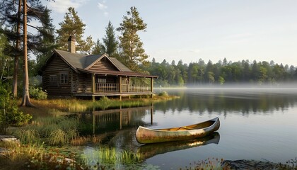 Obraz premium Wooden boat on the lake in the autumn forest
