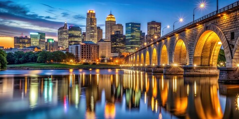 Night view of Stone Arch Bridge and downtown Minneapolis, Minnesota , bridge, architecture, cityscape, illuminated
