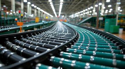 Obraz premium Dynamic conveyor belts moving products in industrial factory setting. Concept of automation and modern manufacturing processes.