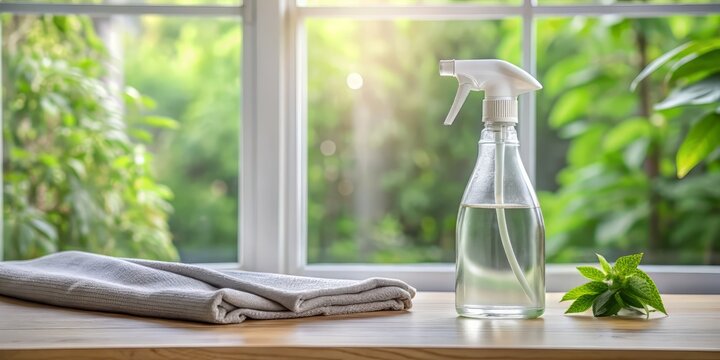 Eco-friendly cleaning essentials, a spray bottle filled with water and vinegar, and a cloth, on a table against a bright window, in a minimalist white and gray setting.