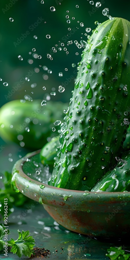 Poster fresh cucumber with water droplets in a rustic bowl, surrounded by bubbles and green vegetables, cre