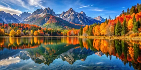 Fototapeta premium Picturesque mountain range with vibrant autumn foliage reflecting in crystal clear lake, scenic, landscapes, mountain