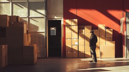 Logistics Worker Inspecting Furniture Boxes: Perfect Wall Art for Warehouse-Themed Interiors - Capturing the Beauty of Afternoon Light and Shadows