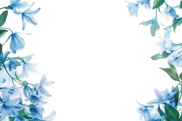 Fototapeta premium Beautiful blue flowers frame a clean, white background, perfect for invitations, greeting cards, or creative designs.