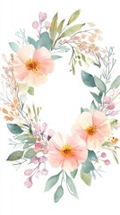 A beautiful floral wreath featuring soft pink flowers and green leaves, perfect for invitations or decor.