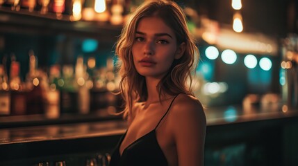 alluring pretty woman at nightclub or bar with gorgeous look 