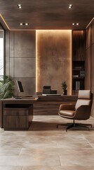 Luxurious executive office featuring warm wooden tones, ambient lighting, and modern furnishings for a sophisticated professional workspace