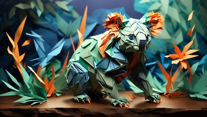 Intricate Origami Koala Amidst Wisps of Smoke and Soaring Sparks in Vibrant Nature