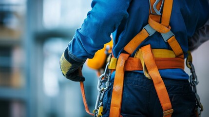 Safety First: Worker Fastening Harness with Helmet and Gloves for Construction Site Precautions