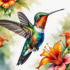 Fototapeta premium Watercolor illustration of a Fiery-throated Hummingbird in mid-hover or perched delicately on a branch