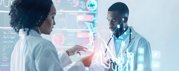 Two Doctors Examining a Digital Hologram of a Human Skeleton