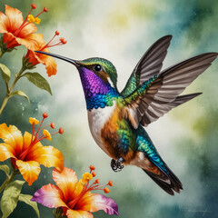 Watercolor illustration of a Fiery-throated Hummingbird in mid-hover or perched delicately on a branch