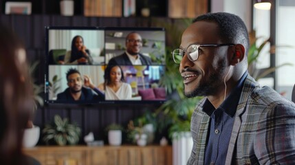 Obraz premium LGBTQ business leader addressing the team in a virtual meeting, diverse group on video call, professional home office setup, inclusive and efficient remote collaboration, engaging discussion