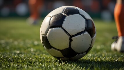 Fototapeta premium following the game. Close-up of a soccer ball on the football field's grass in a packed stadium