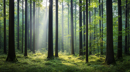 Obraz premium Sunlight filters through lush trees in a tranquil forest during the early morning