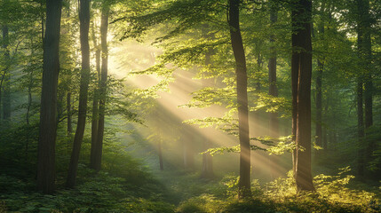 Fototapeta premium Sunlight filters through dense trees in a serene forest during early morning hours