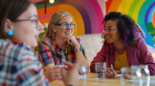 LGBTQ professional discussing marketing plans with the team, modern conference room, diverse group brainstorming, inclusive and creative work environment, collaborative spirit