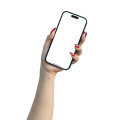 Female hand holding and touching on blank screen mobile phone isolated transparent background, PNG File Format