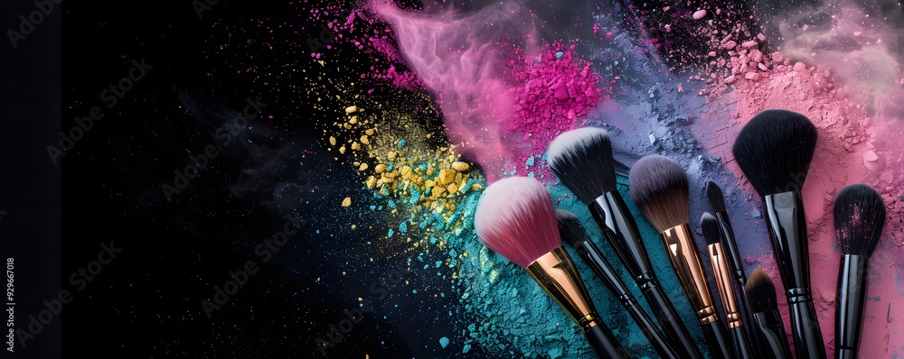 Wall mural Makeup Brushes and Colorful Powders on a Black Background