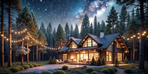 Obraz premium Luxurious home with fairy lights surrounded by pine trees and starry night sky, luxury, home, fairy lights, pine trees