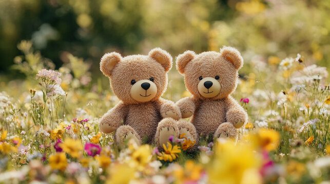 Two teddy bears sitting together in a colorful wildflower field during sunny springtime