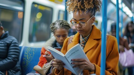 LGBTQ individual commuting to work by train, reading documents, diverse passengers around, inclusive urban commute, professional attire, morning routine, focused and efficient