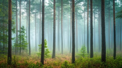 Fototapeta premium A serene forest scene shrouded in mist, showcasing tall trees and lush undergrowth.