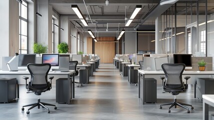 The modern open-plan office with a clean, organized layout. The workspace features rows of individual desks equipped with computers and ergonomic office chairs, separated by privacy screens.