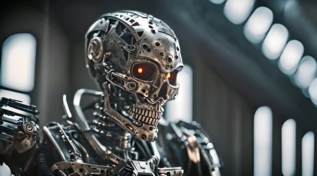 Skull of an Evil Cyborg in Hooded Metal Armor