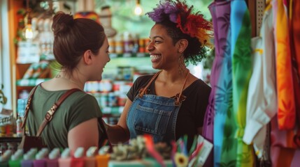 Obraz premium LGBTQ employee assisting a customer at a local store, friendly and inclusive interaction, well-decorated shop, positive shopping experience, bright and inviting environment