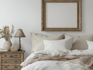 Frame Mockup Above Bed with Neutral Linens and Rustic Decor Elements