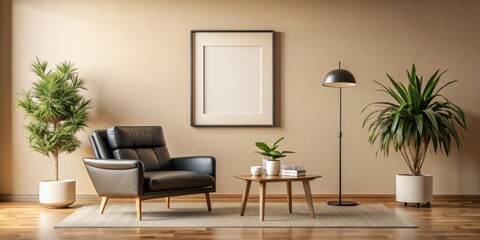 Modern living room with mockup poster frame, black armchair, and decor against beige wall, interior design