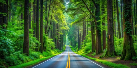 Obraz premium Scenic highway through lush forest with towering trees and vibrant greenery, nature, trees, forest, road, highway