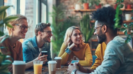 LGBTQ worker enjoying a casual coffee break with coworkers, modern office lounge, diverse group chatting, inclusive and relaxed atmosphere, friendly interactions, positive workplace culture