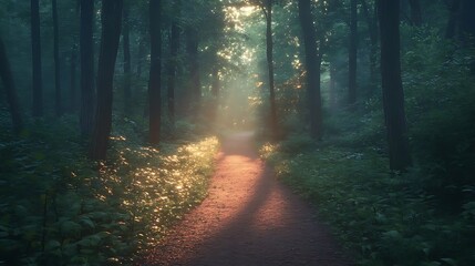Obraz premium Sunbeams Through The Forest Path Realistic Image