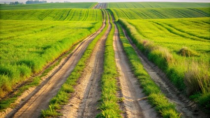 Naklejka premium Grassy patch between wheel tracks on Bulgarian farm road, Bulgaria, farm road, agricultural, countryside, rural, tracks