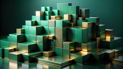 Luxurious 4K abstract geometric wallpaper with stacked objects on dark background and green gradients, luxury