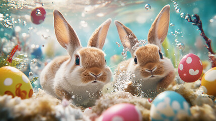Two rabbits exploring an underwater Easter egg hunt in a colorful ocean setting