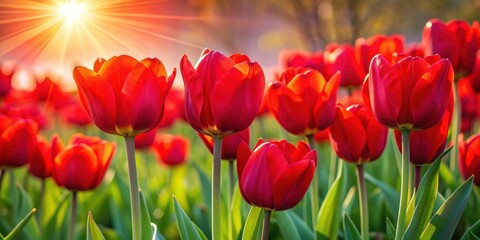 Red tulips glowing in the sun, flowers, tulips, red, vibrant, sunny, garden, nature, blooming, spring, petals, sunlight