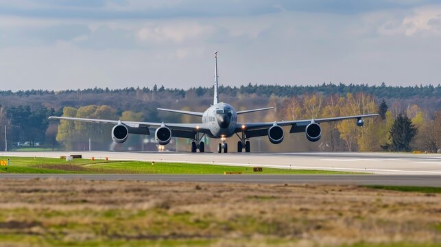 US Air Force Boeing KC-135 Stratotanker touching down on the runway in Lviv after a training flight